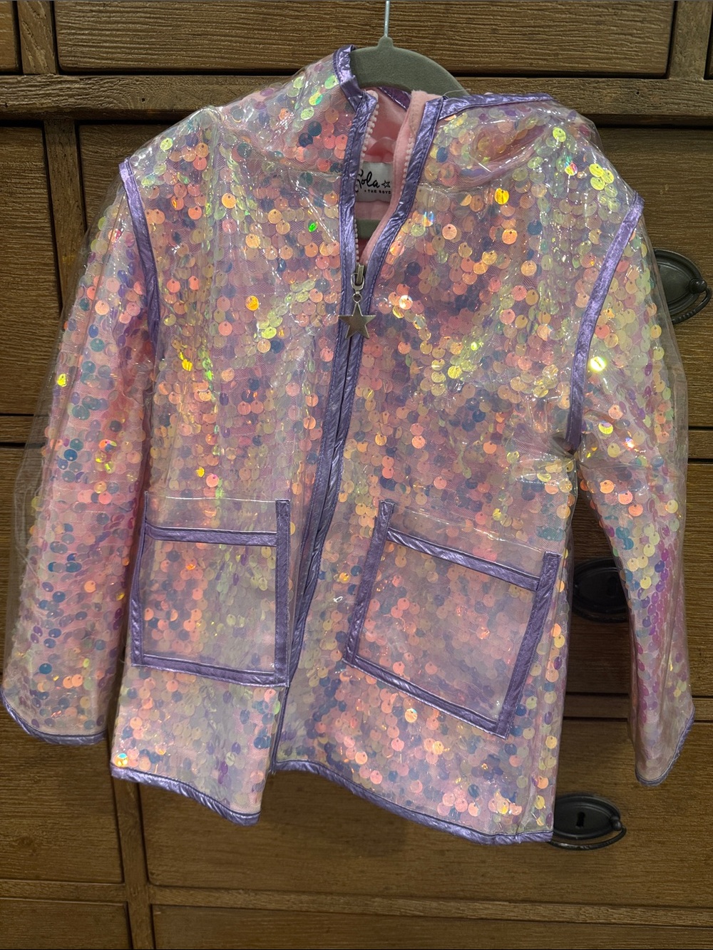 Lola + The Boys Pink Iridescent Sequin Hooded Raincoat